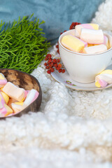 Pillow, a cup of coffee, verifying green spruce, Marshmallow Still life, bedding.
