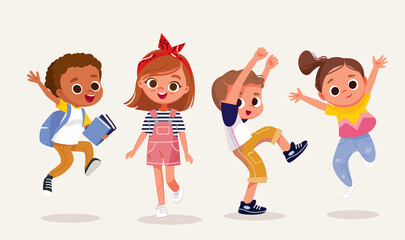 Set, group of 4 four happy children, kids in different poses, dressed in casual outfit clothes.Dancing, jumping boy, girl, children. Creative kids. Dancing studio.