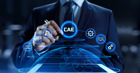 CAE Computer-aided engineering software system concept. Businessman pressing button on screen.