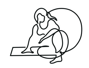 One line drawing of  woman resting after exercise
One continuous line drawing of woman lean on the big gray exercise ball.