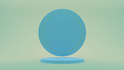 Demonstration stand. Round blue podium on a green background. A pedestal for the winner. Banner for advertising. 3d render.