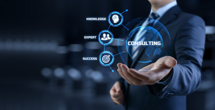 Consulting service business concept. Businessman pressing button on screen.