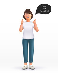 3D vector cartoon character. Young woman showing thumb up in approval and pointing her finger to you, making compliment, like product, guarantee quality.   Smiling cute brunette girl.  