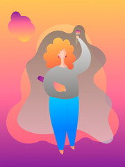 A girl with red hair glues unusual and beautiful wallpaper. The girl is dressed in a pink jacket and blue jeans, she holds a brush in her hands.