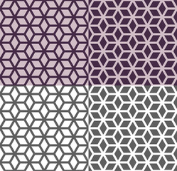 Set of vector seamless pattern with cubes, line, polygons. Geometric texture with pink, purple, white, gray background. Color inversion. Repeating template for backdrop, wallpaper, textile, fabric