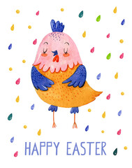 Funny cartoon pink, orange and blue chicken on white background with colorful drops around. Cute watercolor illustration with easter chick. Easter postcard in simple kids style