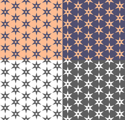 Geometric repeating texture with star. Seamless ethnic pattern in monochrome, lilac, orange colors. Vector background. Color inversion. Template for backdrop, wallpaper, textile, fabric