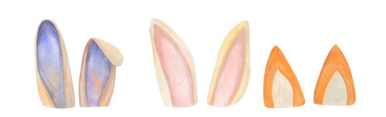 Cute spring nursery ears of rabbit, fox. Animals of woodland adorable clip art. Baby shower design decor elements on white background.