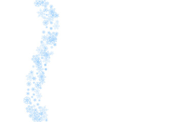 Winter frame with blue snowflakes for Christmas and New Year celebration. Horizontal winter frame on white background  for banners, gift coupons, vouchers, ads, party events. Falling frosty snow.
