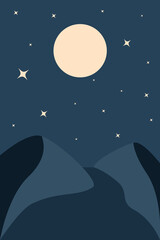 Fototapeta premium Abstract modern aesthetic background with landscape, mountains at night, stars with moon in sky. Muted blue-green tones. Boho style wall decor. Modern minimalist art print. Vector illustration poster