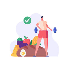 Diet plan illustration. People exercising and doing fitness. Man planning diet with vegetable. Concept of dietary eating, meal planning, nutrition consultation. Vector illustration for web design