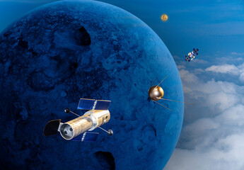 3d image illustration model several satellite orbiting the blue planet in galaxy background