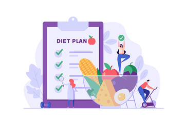 Diet plan illustration. People exercising and doing fitness. Doctor planning diet with vegetable. Concept of dietary eating, meal planning, nutrition consultation. Vector illustration for web design