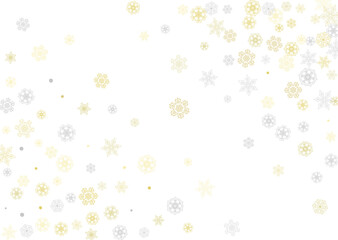 Gold snowflakes frame on white background. New year theme. Horizontal shiny Christmas frame for holiday banner, card, sale, special offer. Falling snow with gold snowflake and glitter for party invite
