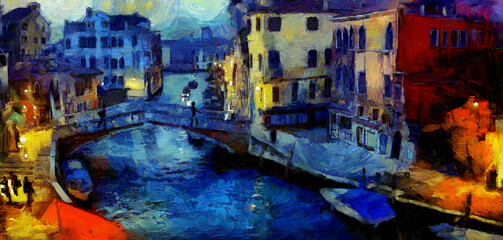 Venice canal bridge at evening, impasto impressionism painting. Artwork made with palette knife and rough textured brush strokes