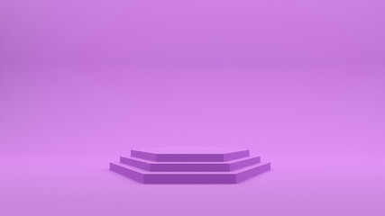 Demonstration stand. Hexagon lilac podium on a violet background. A pedestal for the winner. Banner for advertising. 3d render.