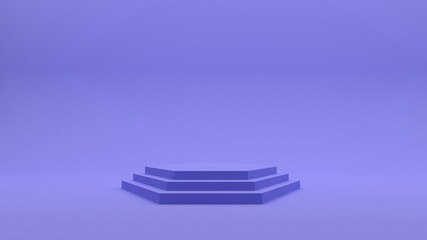 Demonstration stand. Hexagon lilac podium on a lilac background. A pedestal for the winner. Banner for advertising. 3d render.