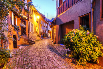 Charming street in the fortified town of Eguisheim, Alsace, France