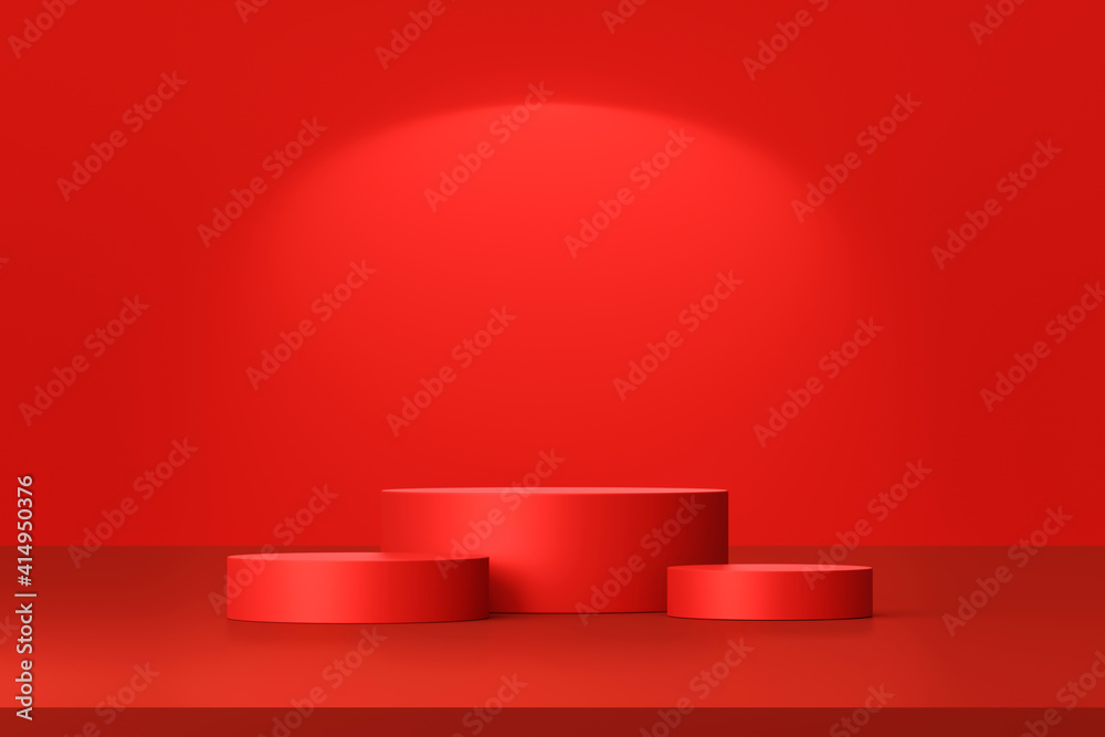 Aufkleber Red product background stand or podium pedestal on empty display with blank backdrops. 3D rendering.