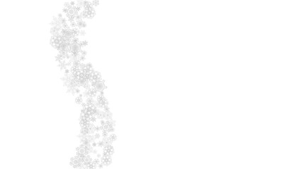 Snowflakes falling on white background. Horizontal Christmas and Happy New Year theme. Silver falling snowflakes for banner, gift card, party invitation, partner compliment and special business offers