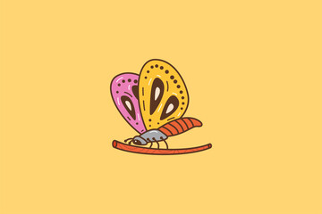 Cute and funny butterfly logo template with doodle style. isolated on soft brown background.