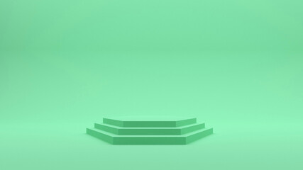 Green demonstration stand. Hexagon pink podium on a green background. A pedestal for the winner. Banner for advertising. 3d render.