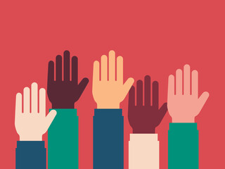 Volunteering illustration. Different hands of diferent ethnicies people raising hands up. Isolated graphic on a rolor background. Vector.