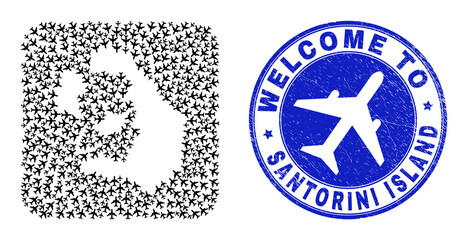 Vector mosaic Santorini Island map of air fly items and grunge Welcome seal stamp. Collage geographic Santorini Island map created as hole from rounded square with air transport.