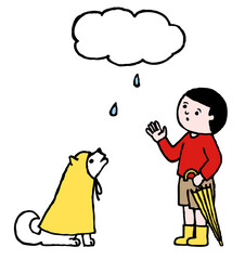 雨あがりを確認する犬と少年