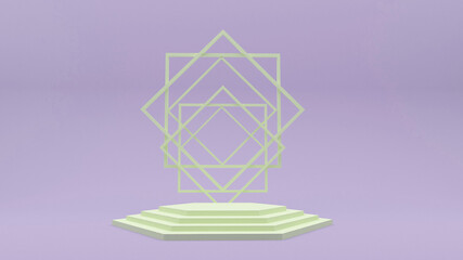 Demonstration stand. Hexagon pink podium on a green background. A pedestal for the winner. Banner for advertising. 3d render.