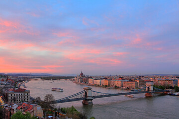 Chain bridge and cityscape at sunset, Budapest, Hungary