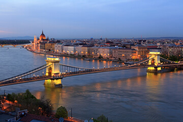 Chain bridge and cityscape at sunset, Budapest, Hungary