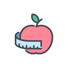 Healthy food, Healthy Diet Weight loss color line icon. Apple fruit with measuring tape vector outline colorful sign.