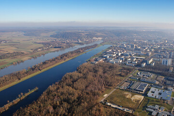 The Seine river at Mantes-la-Jolie seen fron the sky in Yvelines department