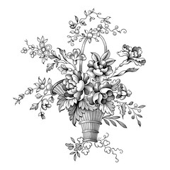 Rose peony flowers bouquet Baroque Victorian vintage botanical engraved floral vector ornament frame border scroll tattoo illustration - 414951767