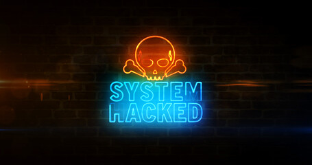 System hacked alert with skull symbol abstract 3d illustration