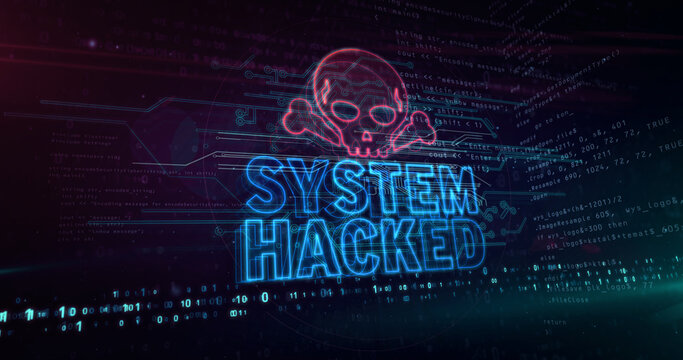 System hacked alert with skull symbol abstract 3d illustration