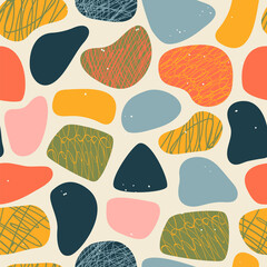 Abstract flat organic shapes seamless pattern. Trendy colorful freehand shape background design. Scribble decoration wallpaper, artistic terrazzo style stones or childish blobs.