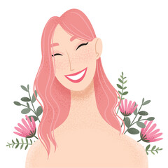 Beauty female portrait decorated with pink flowers. Smiling young Asian woman avatar. Girl with pink hair. Vector illustration