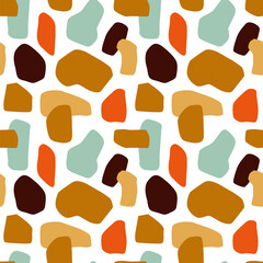 Abstract flat terrazzo shapes seamless pattern. Trendy colorful stone shape background design. Terrazo rock decoration wallpaper, artistic minimalist design.