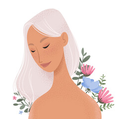 Beauty female portrait decorated with flowers. Elegant woman avatar with floral background. Vector illustration - 414952177