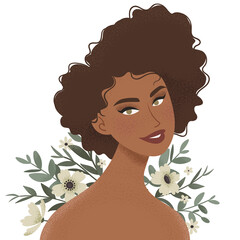 Beauty female portrait decorated with flowers. Elegant woman avatar with floral background. Vector illustration - 414952184