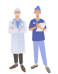 Friendly doctors in medical uniform. Smiling man and woman physicians.  Friendly therapist and nurse. Isolated on white vector illustration. - 414952331