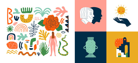 Fototapeta na wymiar Set of trendy doodle and abstract nature icons on isolated white background. Big summer collection, random organic shapes in freehand matisse art style. Includes people, floral art, leaf bundle.