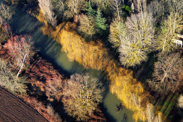 Colorful forest and an Seine river arm seen from the sky in Mantes-la-Jolie, in Yvelines