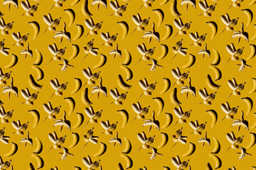 Seamless pattern with banana on yellow background. Abstract banana background. Top view. Flat lay