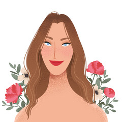 Beauty female portrait decorated with flowers. Elegant woman avatar with floral background. Vector illustration - 414952538