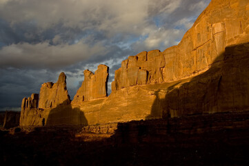 Wall Street with a rising shadow. Arches National Park, Utah, United States
