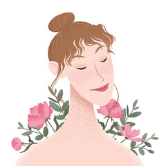 Beauty female portrait decorated with pink peonies flowers. Elegant woman avatar with floral background. Vector illustration