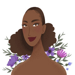 Beauty female portrait decorated with flowers. Elegant African woman avatar with floral background. Vector illustration
